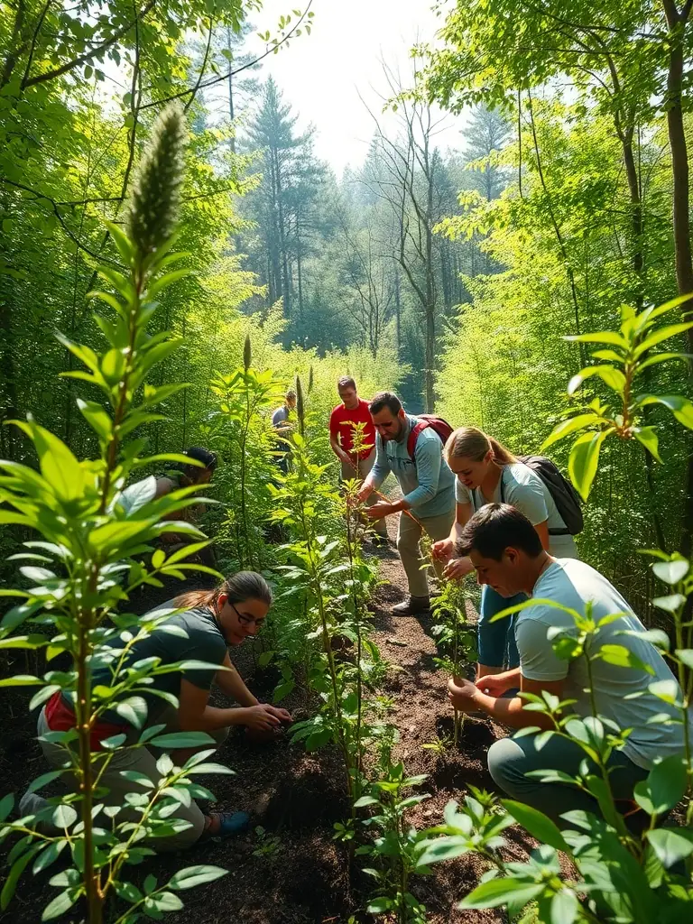Image of association members conducting a habitat restoration project, planting native trees and shrubs to improve the biodiversity of a hunting area in Soulages.