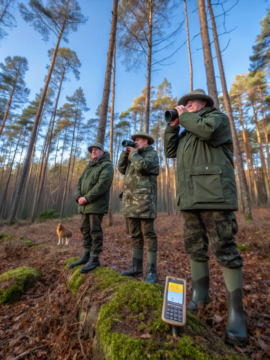 A photograph capturing a group of association members participating in a wildlife census activity in the Soulages region, focusing on counting deer populations in a natural habitat.