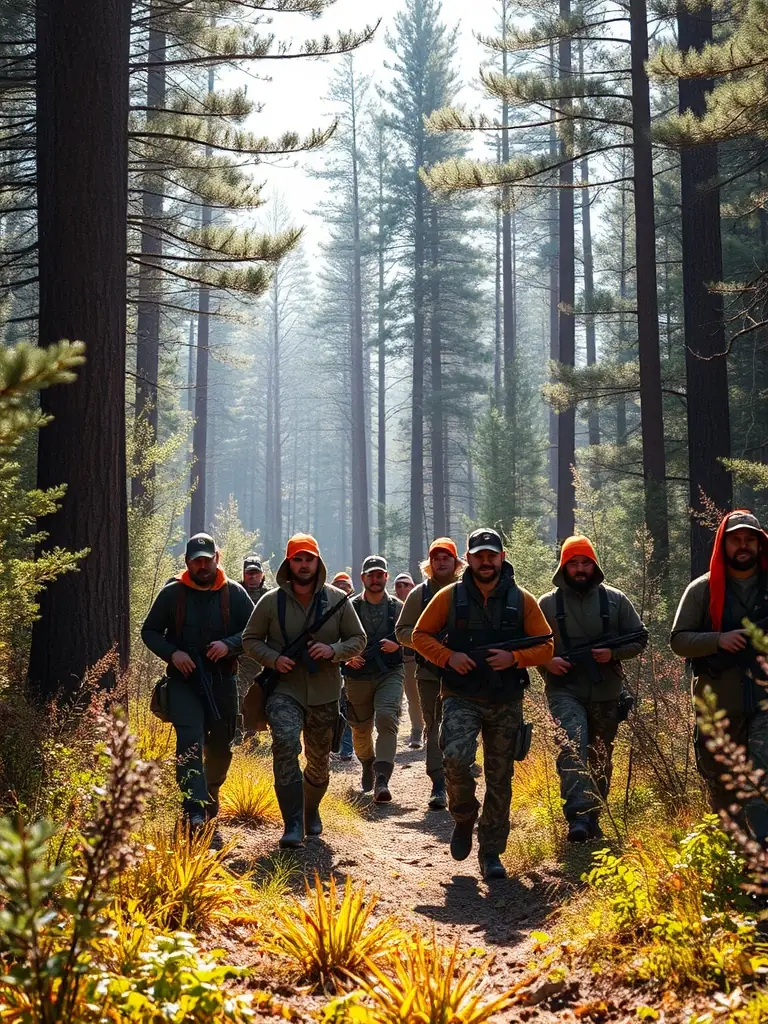 A photograph depicting hunters participating in a wild boar management program in a controlled forest area, emphasizing sustainable hunting practices.