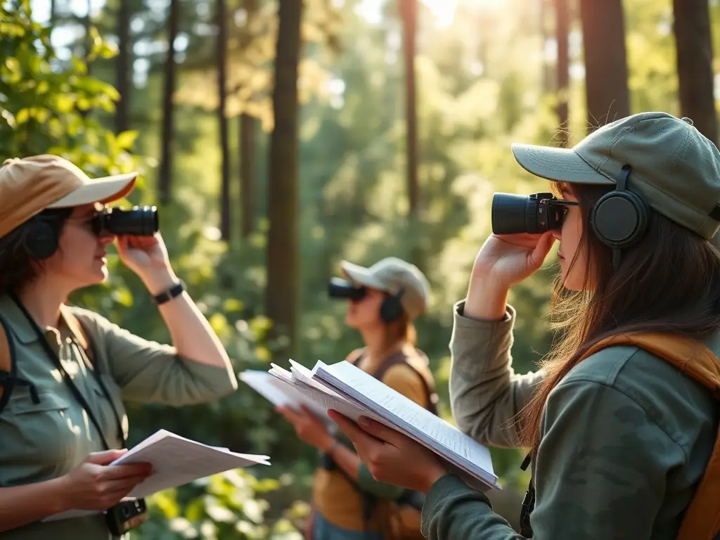 A photograph depicting a group of association members participating in a wildlife census activity in a lush, green forest. The members are using binoculars and notebooks to record their observations, showcasing their commitment to monitoring wildlife populations.
