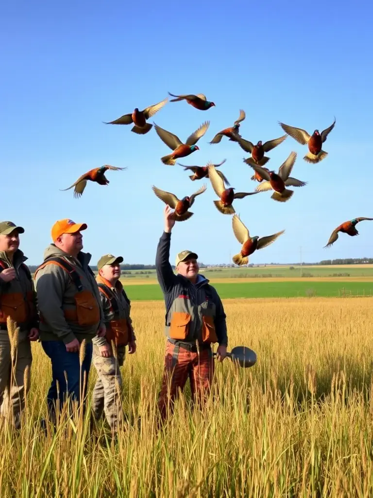A photo of hunters participating in a pheasant release program, contributing to the enhancement of game bird populations in the region.