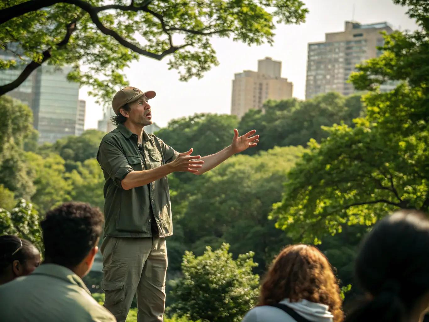 A wildlife expert leading an educational workshop on wildlife conservation and ethical hunting practices for community members.