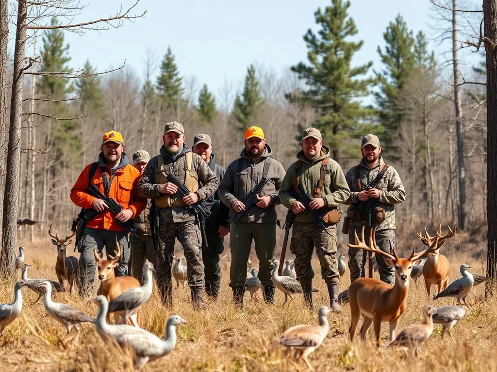 A group of hunters participating in a controlled hunt, focusing on ethical and sustainable practices, in a natural setting with diverse wildlife.