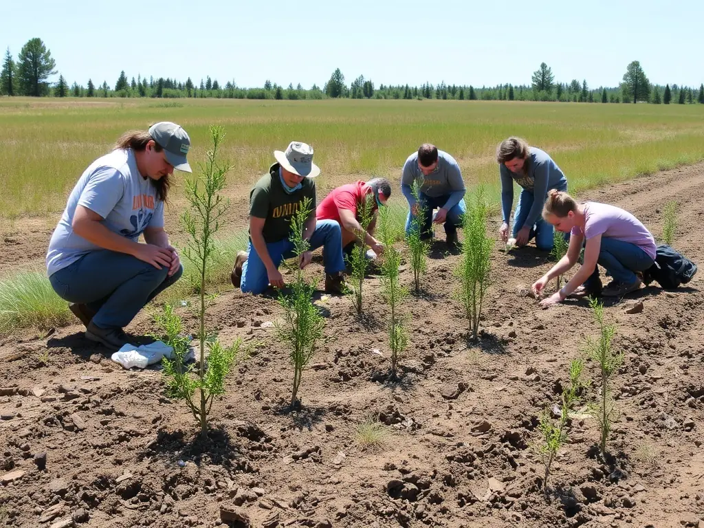 A photograph showing association members conducting a habitat restoration project, planting native trees and shrubs in a previously degraded area. The image highlights the association's dedication to improving wildlife habitats.